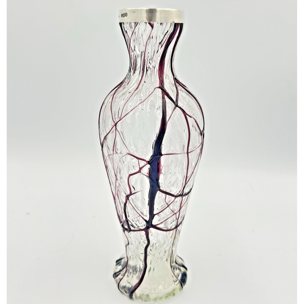 Kralik Bohemian Art Glass Vase Sterling Silver Birmingham Hallmark Veined c.1900